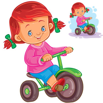 Vector illustration of small girl riding a tricycle. Print