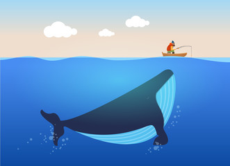 Vector illustration of fisherman and huge whale under water. Creative poster concept.