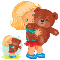 Vector illustration of small girl playing with Teddy bear. Print