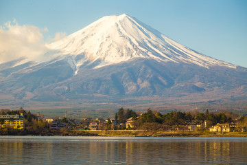 Mount fuji san at Lake kawaguchiko close up on top view with snow in Yamanashi Prefecture