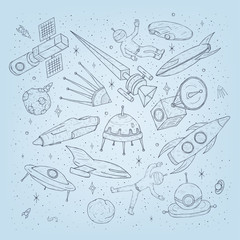 Hand drawn cartoon space planets,shuttles, rockets, satellites, cosmonaut and other elements. Set doodles cosmic symbols and objects.