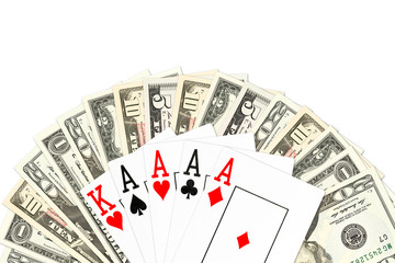 poker hand four of a kind in aces against us-dollar bank notes