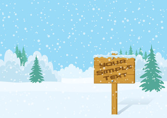 Fototapeta premium Wood Sign for Your Text in Winter Forest on Snowing Christmas Landscape, Background for Your Design. Eps10, Contains Transparencies. Vector