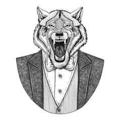 Wolf Dog Hipster animal Hand drawn image for tattoo, emblem, badge, logo, patch, t-shirt - obrazy, fototapety, plakaty