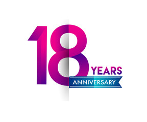 eighteen years anniversary celebration logotype colorful design with blue ribbon, 18th birthday logo on white background