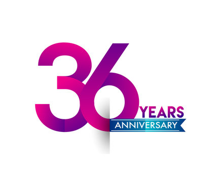 thirty six years anniversary celebration logotype colorful design with blue ribbon, 36th birthday logo on white background