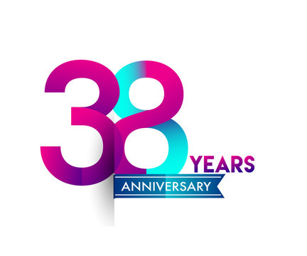 thirty eight years anniversary celebration logotype colorful design with blue ribbon, 38th birthday logo on white background