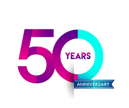 fifty years anniversary celebration logotype colorful design with blue ribbon, 50th birthday logo on white background