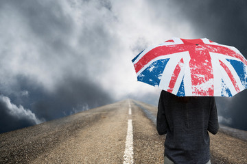angleterre pluie climat météo royaume uni parapluie grande bretagne drapeau symbole légende mauvais temps route avenir brexit politique chemin - obrazy, fototapety, plakaty