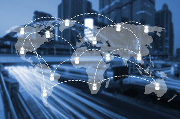 world map global media connection on blurred night city background, business, network connection and technology concept, color tone effect.