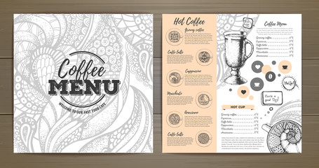 Coffee menu design. Decorative sketch of cup of coffee or tea