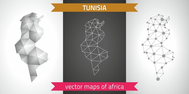 Tunisia collection of vector design modern maps, gray and black and silver dot contour mosaic 3d map