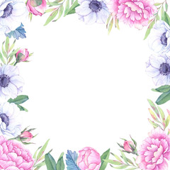 Watercolor illustration. Floral frame with spring flowers. Wedding invitation/greeting card with leaves, peonies, anemones. Ready to use card. Save the date.