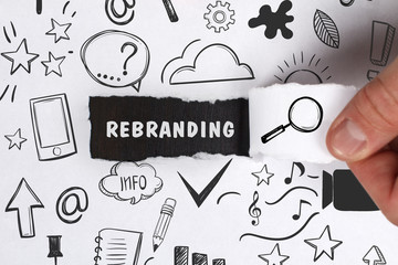 Business, Technology, Internet and network concept. Young businessman shows the word: Rebranding
