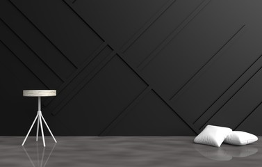 Grey empty room are decorated with white pillows, grey chair, black wood wall it is grid pattern and the cement floor with the reflection of natural light. 3d render