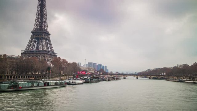 most famous eiffel tower seine river bridge side panorama 4k time lapse paris france
