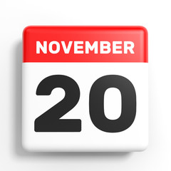 November 20. Calendar on white background.