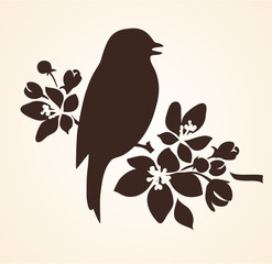 Spring bird singing on floral twig of tree. Vector bird and flowers silhouette