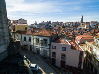 Fototapeta na wymiar Aerial panoramic view of Ribeira - the old town of Porto, Portugal. 2016 09