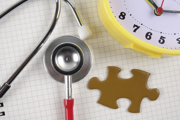Medical concept with stethoscope,piece of puzzle and coins .