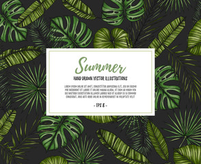 Summer tropical background. Frame with palm leaves (monstera, areca palm, fan palm, banana leaves). Hand drawn vector illustration. Perfect for prints, posters, invitations, textile, packing etc