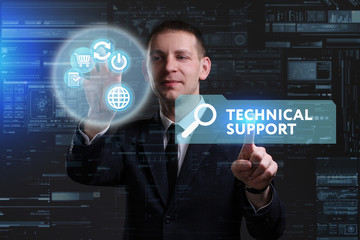 Business, Technology, Internet and network concept. Young businessman working on a virtual screen of the future and sees the inscription: Technical support
