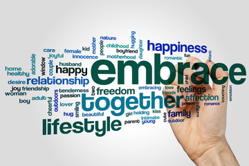 Embrace word cloud concept on grey background