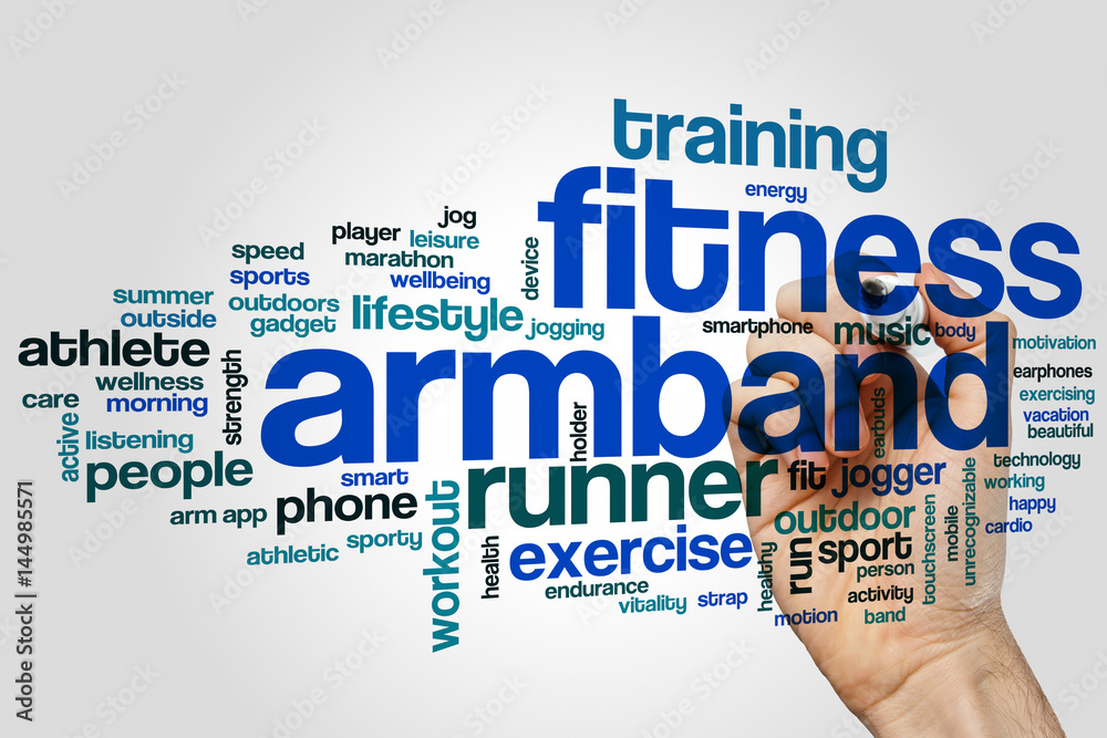 Wall mural Fitness armband word cloud concept on grey background