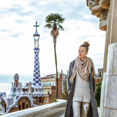 tourist woman at Guell Park in Barcelona having walking tour