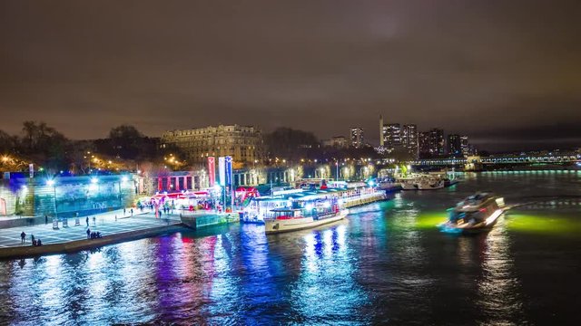 night illumination paris seine river side life bridge panorama 4k time lapse france

