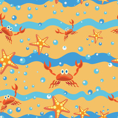Starfish, crabs, and sea. Seamless pattern. Design for textiles, tapestries, packaging materials, paper with children's cartoon characters, sea creatures.