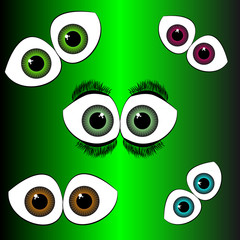 Set of eyes on green background