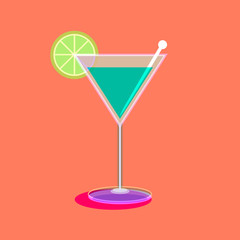 Martini glass drink with a slice of lime green fruit on a light orange background.