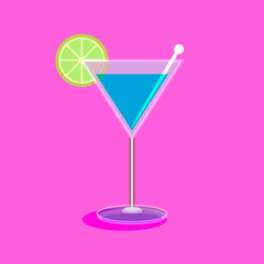 Martini glass drink with a slice of lime green fruit on a light magenta background.
