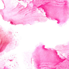Obraz premium Abstract pink watery frame.Aquatic backdrop.Ink drawing.Watercolor hand drawn image.Wet splash.White background.