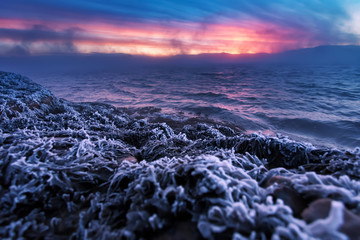 Winter coast of Barents Sea. Kola Peninsula, Russia