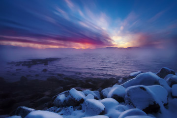 Winter coast of Barents Sea. Kola Peninsula, Russia