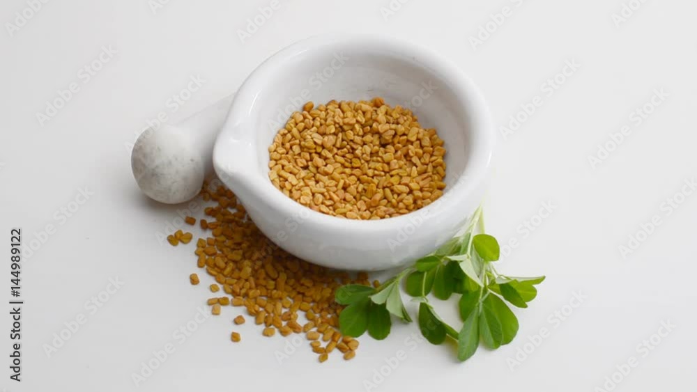 Wall mural Fenugreek seed with pharmaceutical mortar. (Trigonella foenum-graecum)