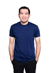 Fototapeta premium Handsome man in a blank front blue t-shirt isolated on white background.