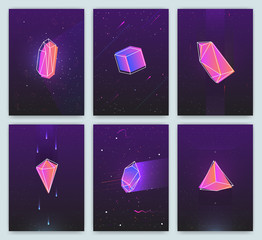 Bright backgrounds with retro futuristic neon space and crystals. Trendy posters of 80s style. vector cards collection.