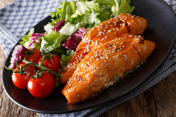 Spicy Salmon in honey glaze and fresh vegetables close-up. horizontal