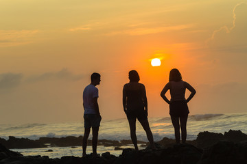 Girls Boy Beach Ocean Silhouetted Sunrise Landscape