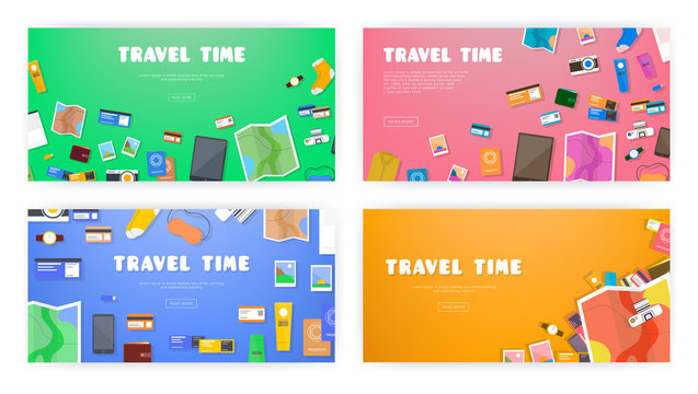 Travel time. Set of banners on travel, vacation, adventure theme. Preparing for journey. Things necessary traveler. Top view. Colorful background in flat style.