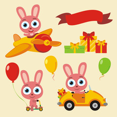 Set isolated funny bunny rabbit in cartoon style for holiday design. Collection cute bunny rabbit with balloons and gifts for children holiday and birthday.