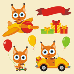 Set isolated funny squirrel in cartoon style for holiday design. Collection cute squirrel with balloons and gifts for children holiday and birthday.