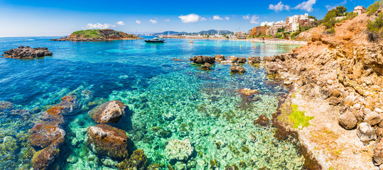 Idyllic view of the bay coast in Portals Nous on Majorca island Platja de l'Oratori Spain...