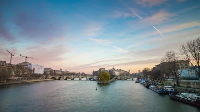 sunset sky paris famous city island seine river bridge of arts panorama 4k time lapse france
