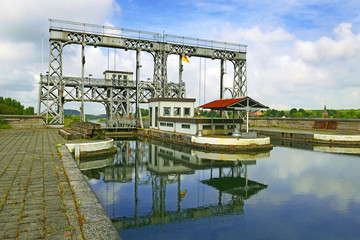 Old hydraulic boat lift No. 4 in Thieu, historic Canal du Centre, Belgium, UNESCO World Heritage...