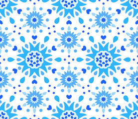 Blue White Flower and Hearts Pattern