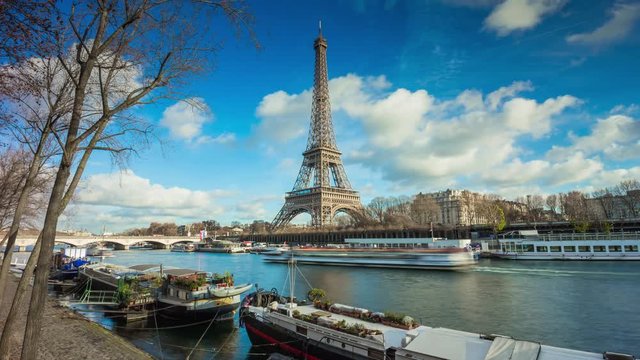 paris city sunny day most popular seine river eiffel tower panorama 4k time lapse france
